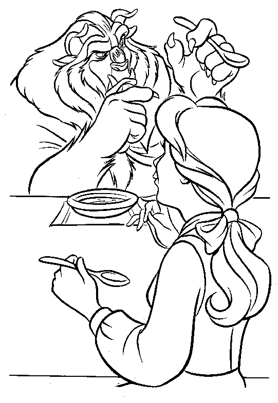 coloriage la belle apprends a la bete a manger avec des couverts
